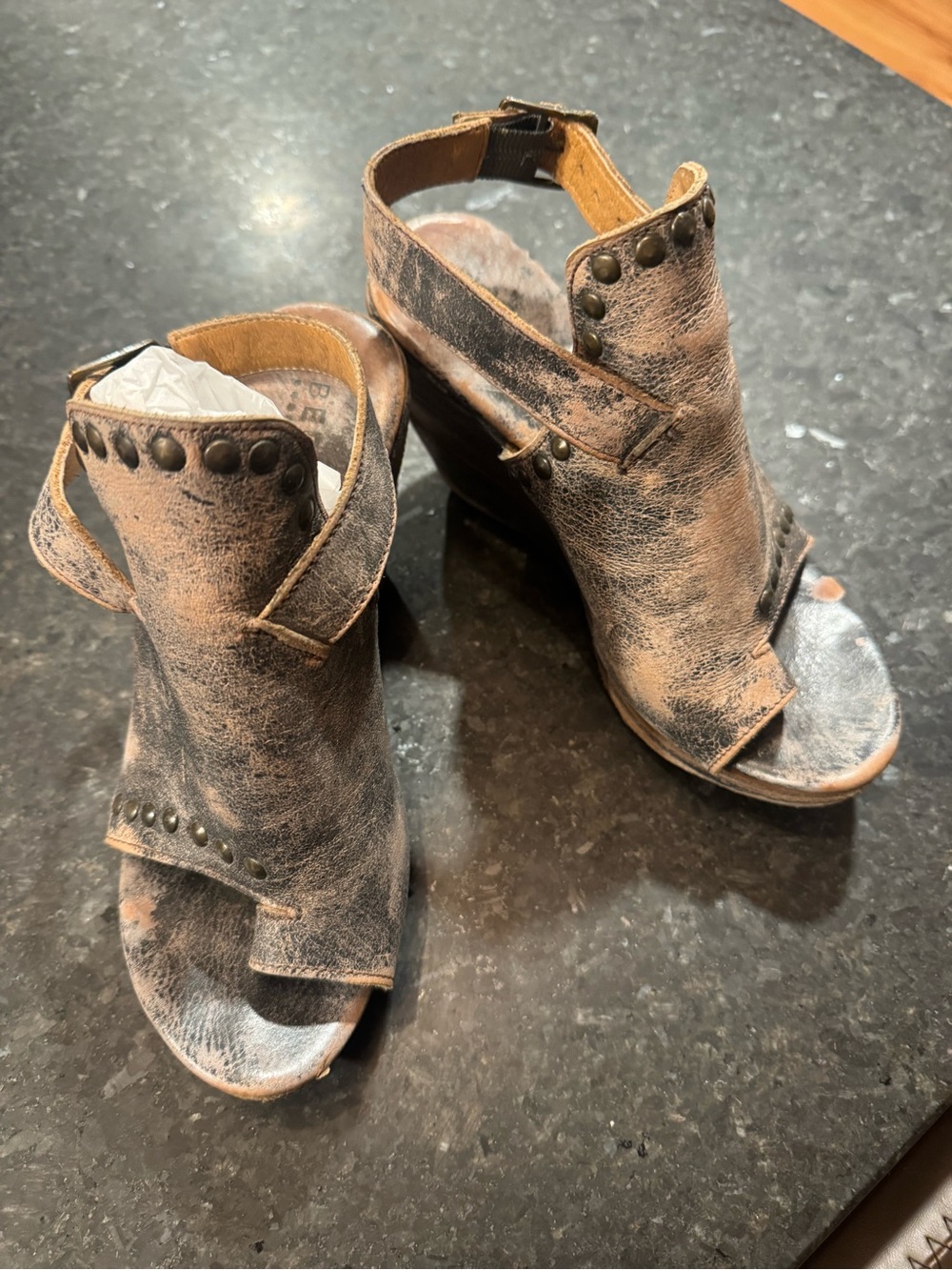 Bed Stu, Joann..Distressed Brown Studded Open-Toe Heeled Sandals